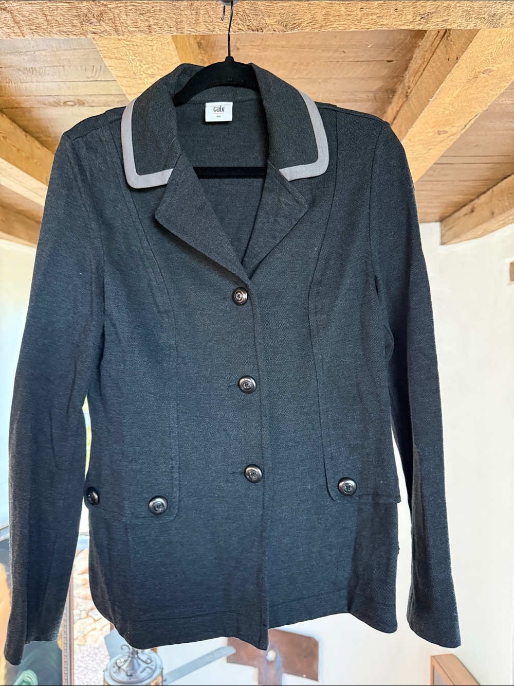 CAbi Black Blazer with Light Gray Collar Trim